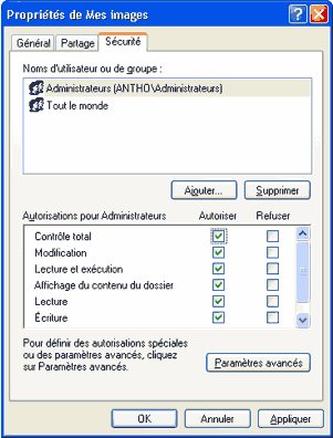 droits sous windows XP