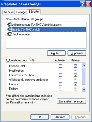 droits sous windows XP