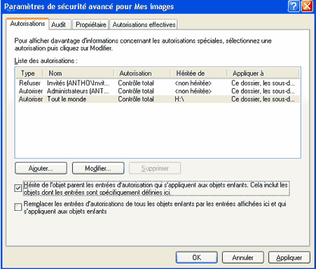 droits sous windows XP