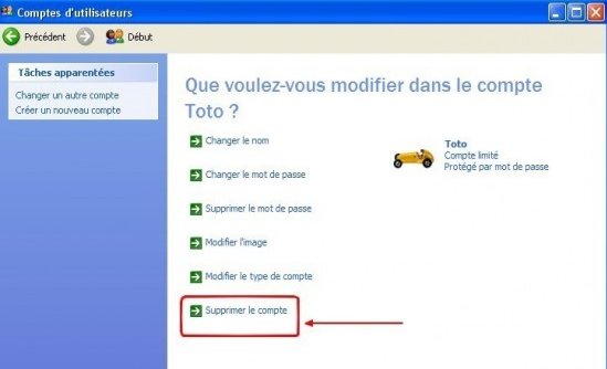 Supprimez un compte d'utilisateur sous Windows XP
